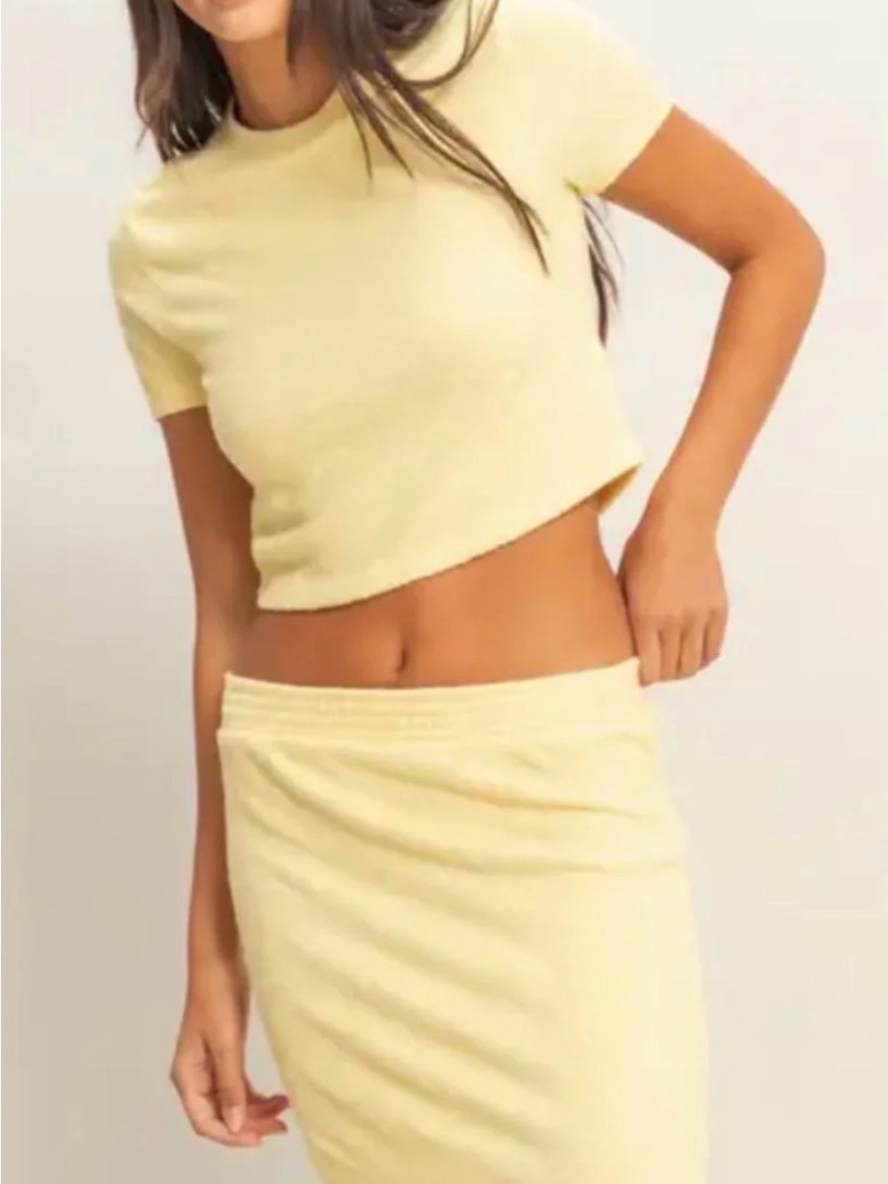 NWOT Double Zero 2 Piece Butter Yellow Crop Shirt and Skirt Size Large